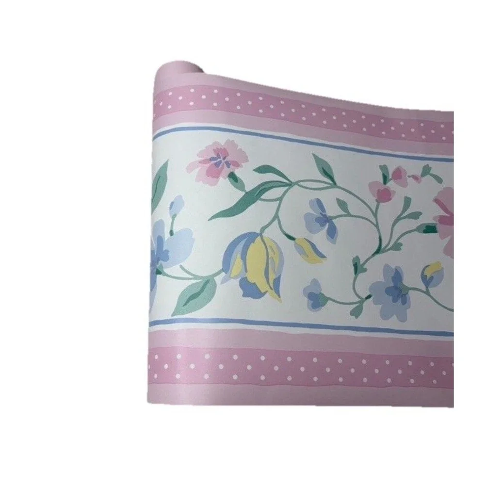 Traditional Satin Pink Polka Dot Blue Pink Yellow  Floral Border 10” x 10” Roll
